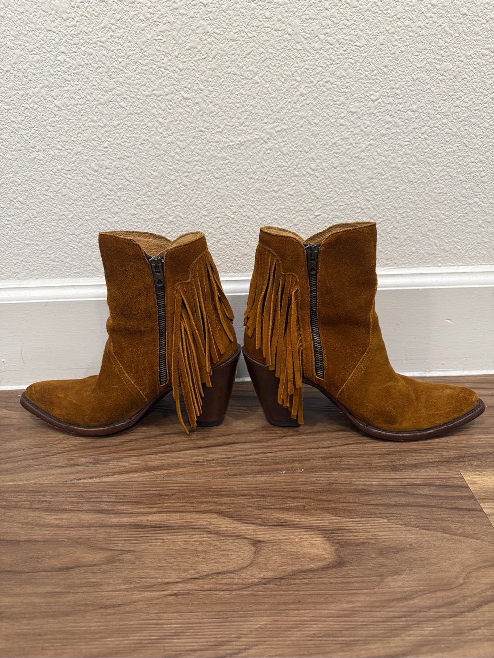 Lucchese Suede Fringe Ankle Boots in Cognac Brown - Picture 3 of 7